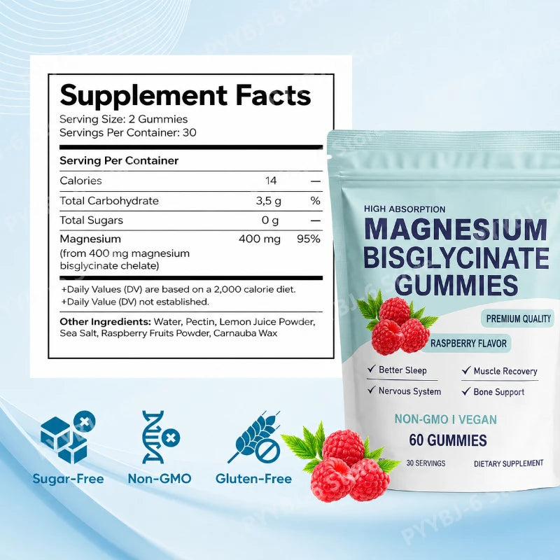 High Absorption Magnesium Bisglycinate Gummies – Vegan Raspberry Flavor, 60 Count, Supports Muscle & Bone Health, Non-GMO, Gluten Free