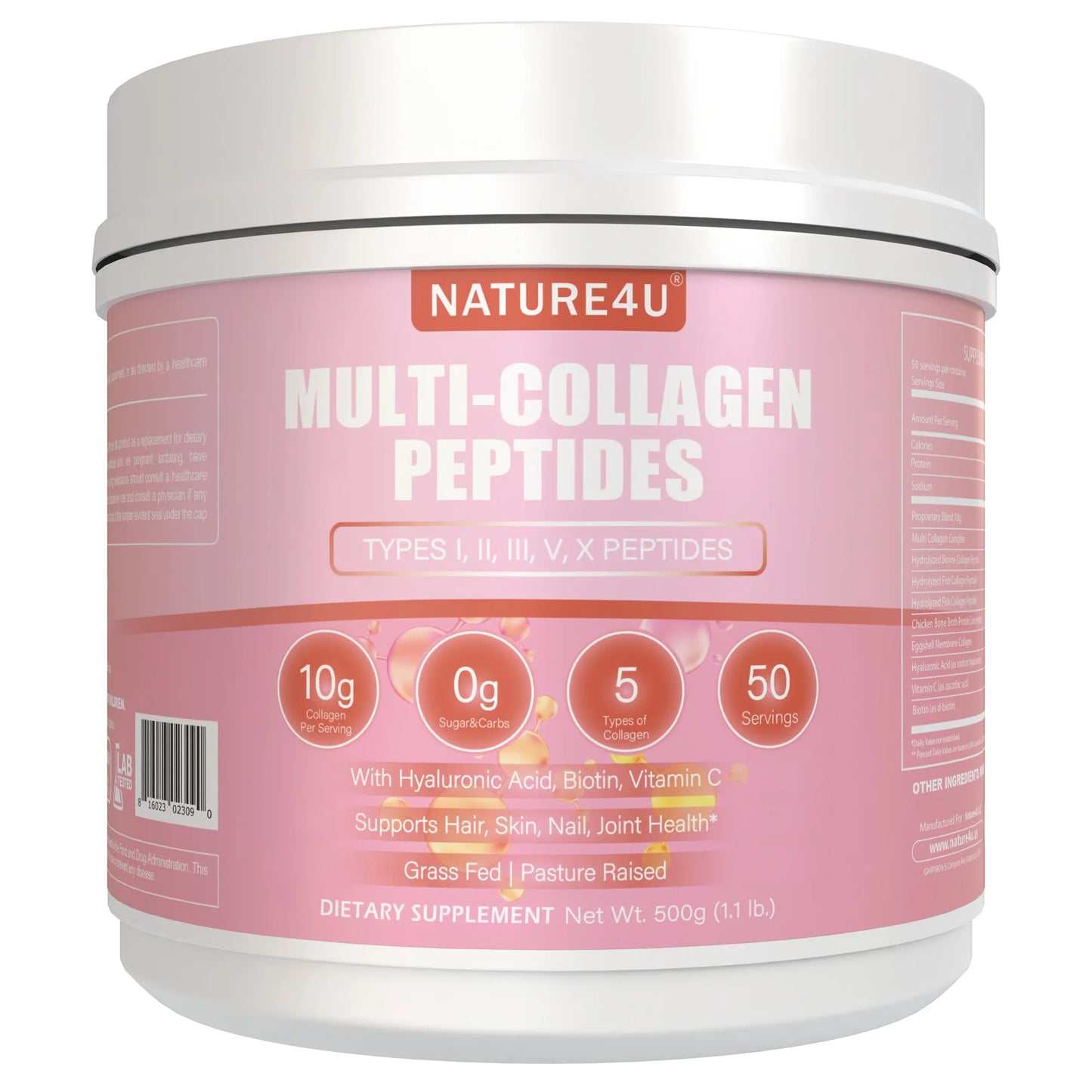 Nature4U Multi Collagen Peptides Powder with Biotin, Hyaluronic Acid & Vitamin C, Hair Skin Nails & Joint Support, Unflavored Collagen Supplement, 1.1 lb