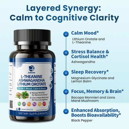 LUKAREE Lithium Orotate 10mg with Ashwagandha 300mg – Mood & Brain Support Supplement with Bacopa Monnieri and Lion's Mane, Focus, Memory & Cognitive Health, Vegan Capsules