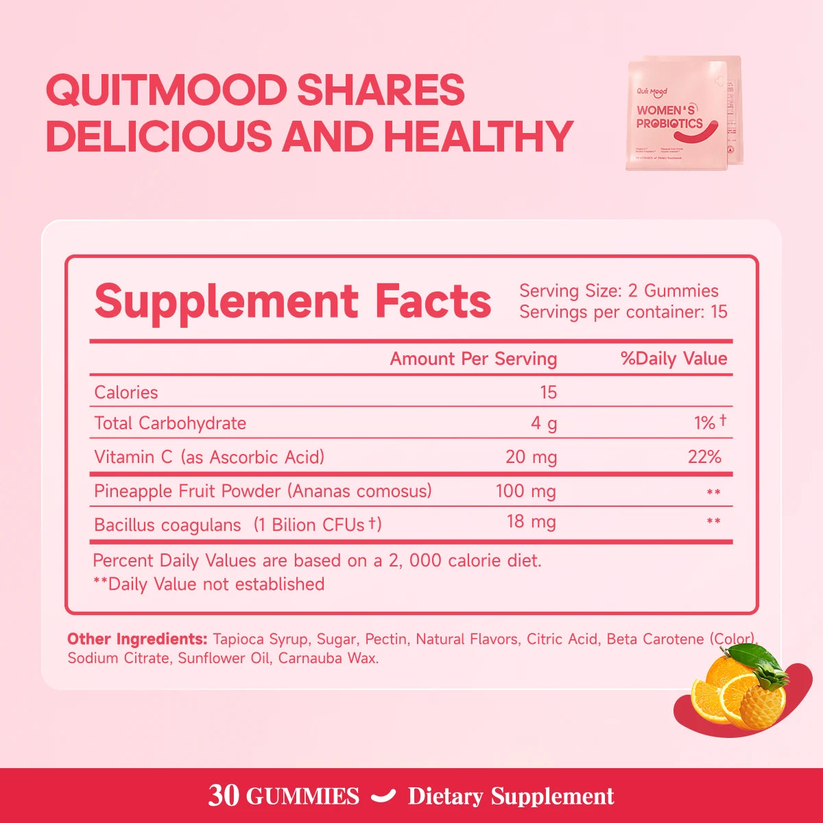 QuitMood Women's Probiotics Gummies – Feminine pH Balance Support with Vitamin C, Hawaiian Pineapple, Individual Packs, 30 Count