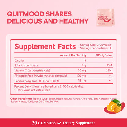 QuitMood Women's Probiotics Gummies – Feminine pH Balance Support with Vitamin C, Hawaiian Pineapple, Individual Packs, 30 Count