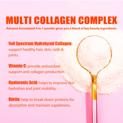Nature4U Multi Collagen Peptides Powder with Biotin, Hyaluronic Acid & Vitamin C, Hair Skin Nails & Joint Support, Unflavored Collagen Supplement, 1.1 lb
