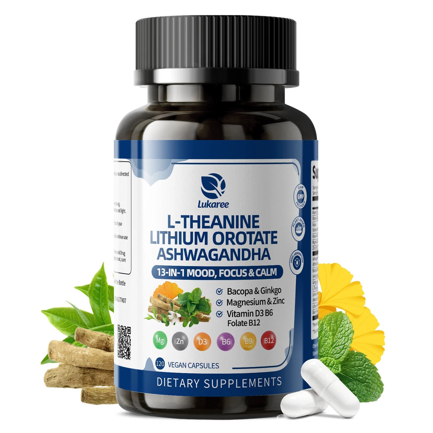 LUKAREE Lithium Orotate 10mg with Ashwagandha 300mg – Mood & Brain Support Supplement with Bacopa Monnieri and Lion's Mane, Focus, Memory & Cognitive Health, Vegan Capsules