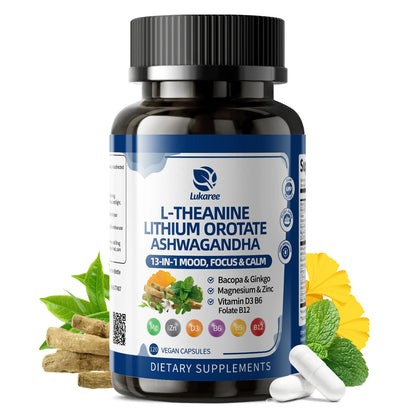 LUKAREE Lithium Orotate 10mg with Ashwagandha 300mg – Mood & Brain Support Supplement with Bacopa Monnieri and Lion's Mane, Focus, Memory & Cognitive Health, Vegan Capsules