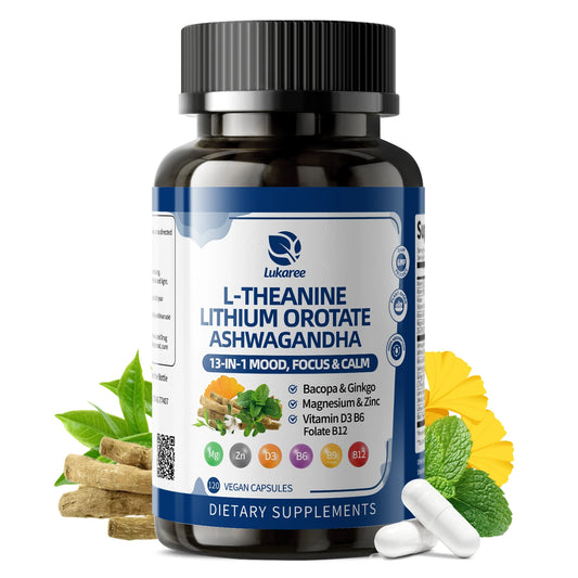 LUKAREE Lithium Orotate 10mg with Ashwagandha 300mg – Mood & Brain Support Supplement with Bacopa Monnieri and Lion's Mane, Focus, Memory & Cognitive Health, Vegan Capsules