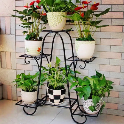 6-Tier Black Metal Plant Stand for Indoor & Outdoor – Multi-Level Flower Pot Display Shelf for Patio, Balcony & Living Room