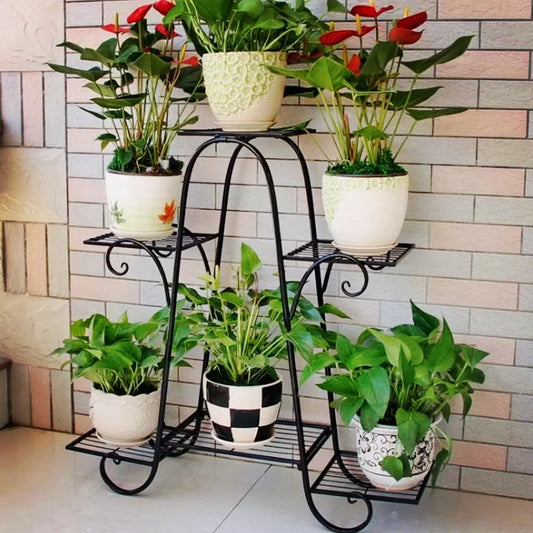 6-Tier Black Metal Plant Stand for Indoor & Outdoor – Multi-Level Flower Pot Display Shelf for Patio, Balcony & Living Room