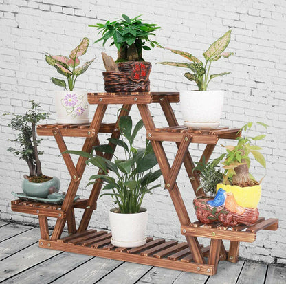 Carbonized Wooden Plant Stand 6-Tier – Corner Plant Holder Display Shelf for Indoor, Balcony, Patio & Garden