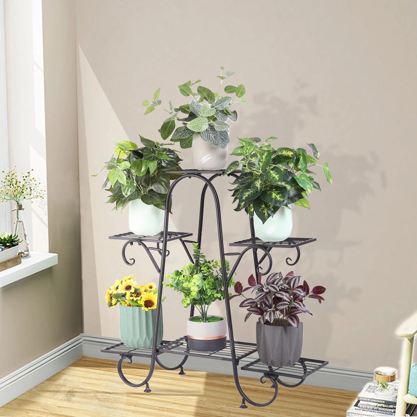 6-Tier Black Metal Plant Stand for Indoor & Outdoor – Multi-Level Flower Pot Display Shelf for Patio, Balcony & Living Room