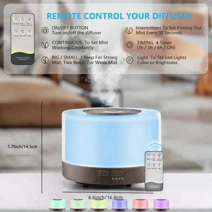 Wood Grain 500ml Essential Oil Diffuser Set with Remote, Cool Mist Humidifier, 7 LED Colors & 6 Essential Oils for Home and Office