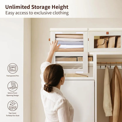 Large Beige Storage Organizer Bins, 2 Pack Collapsible Fabric Boxes with Lids, Clear Window and Reinforced Handles for Closet, Living Room, Bedroom & Dorm