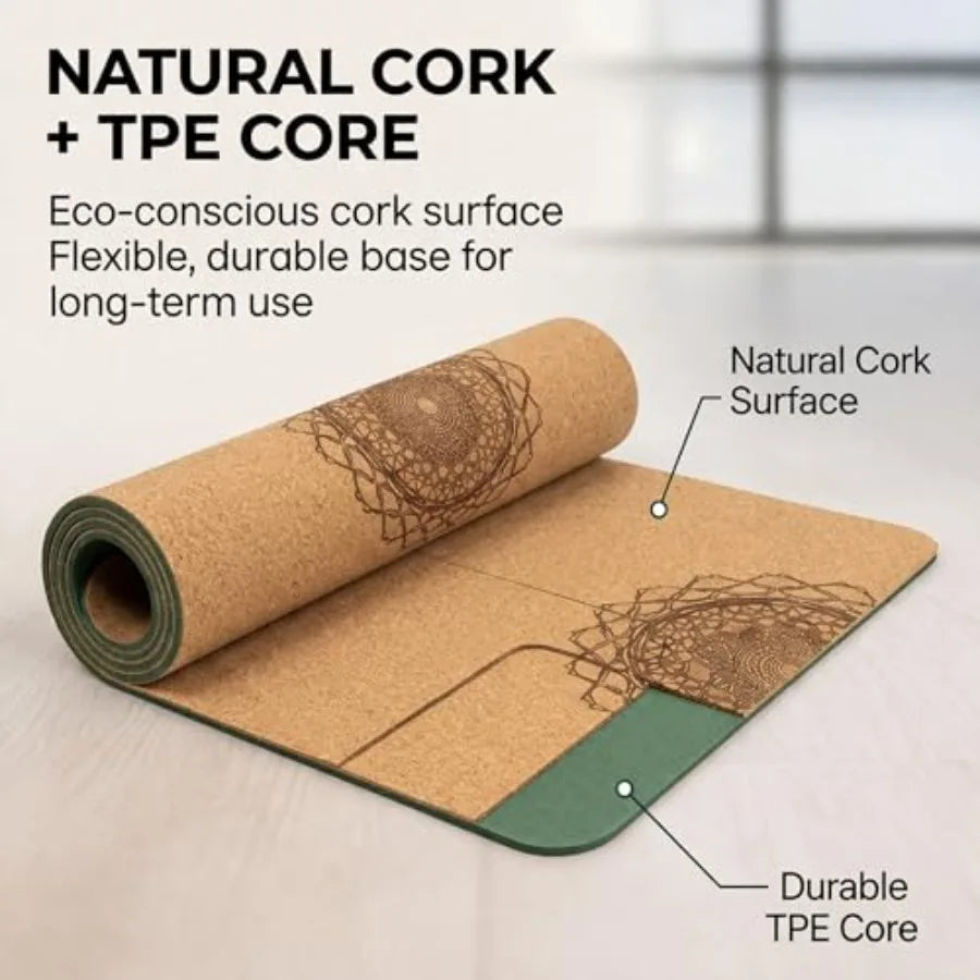 6mm Cork Yoga Mat with Carry Strap – Non-Slip Workout Mat, 72" x 24"