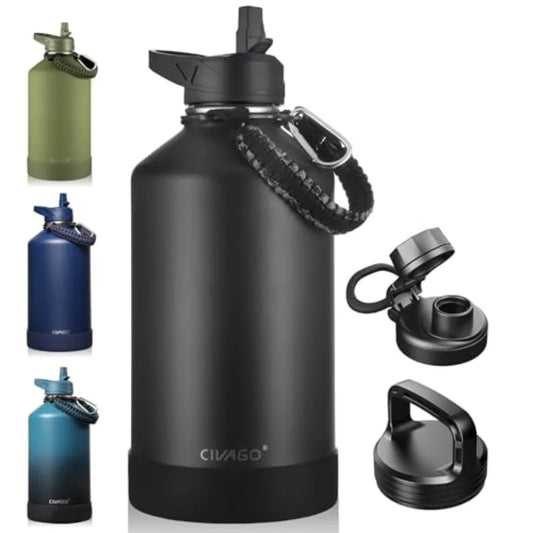 1 Gallon Insulated Water Bottle with Straw & 3 Lids, Stainless Steel Vacuum Insulated Water Jug, Large Thermal Flask for Sports, Gym, Camping & Travel