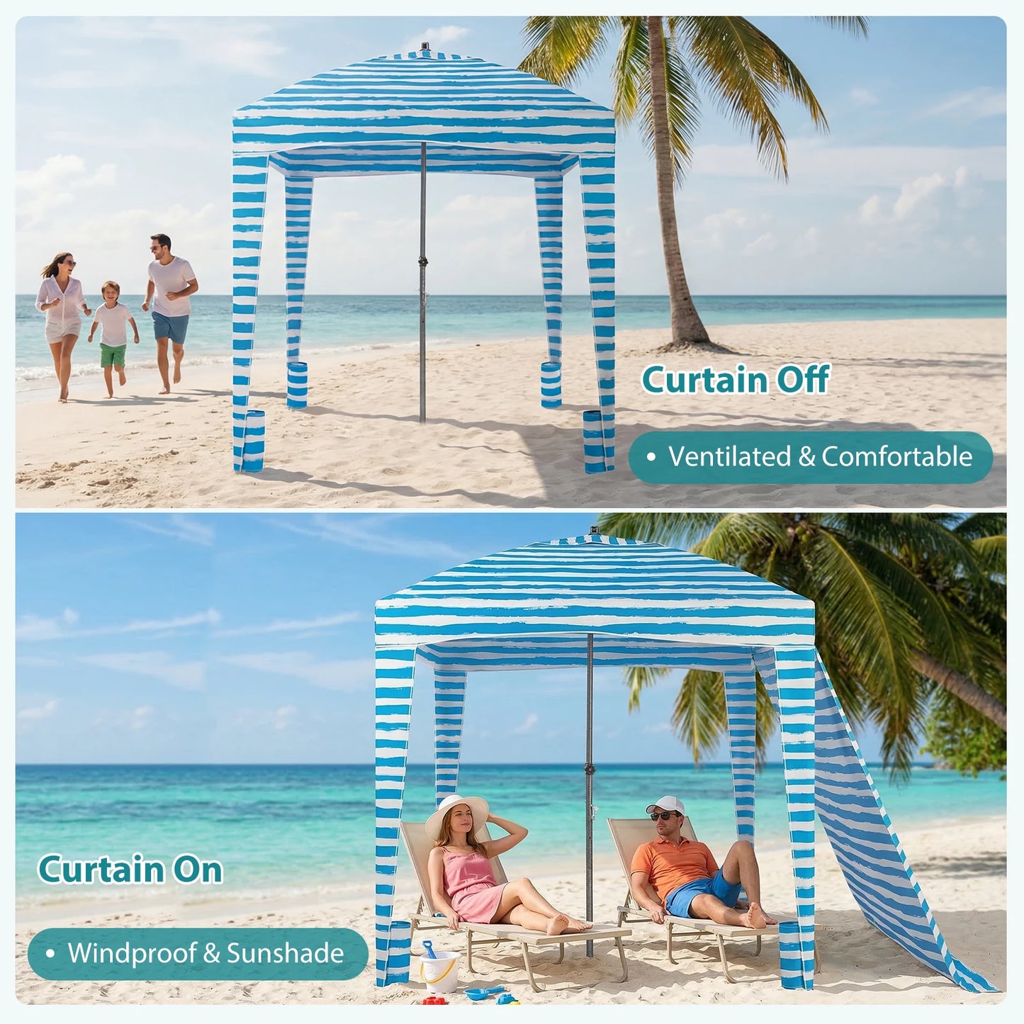 JHK Beach Tent Sun Shelter 6x6 FT, UPF 50+ Beach Canopy with Side Wall, Portable Wind-Resistant Cabana for Family Beach Trips and Outdoor Activities