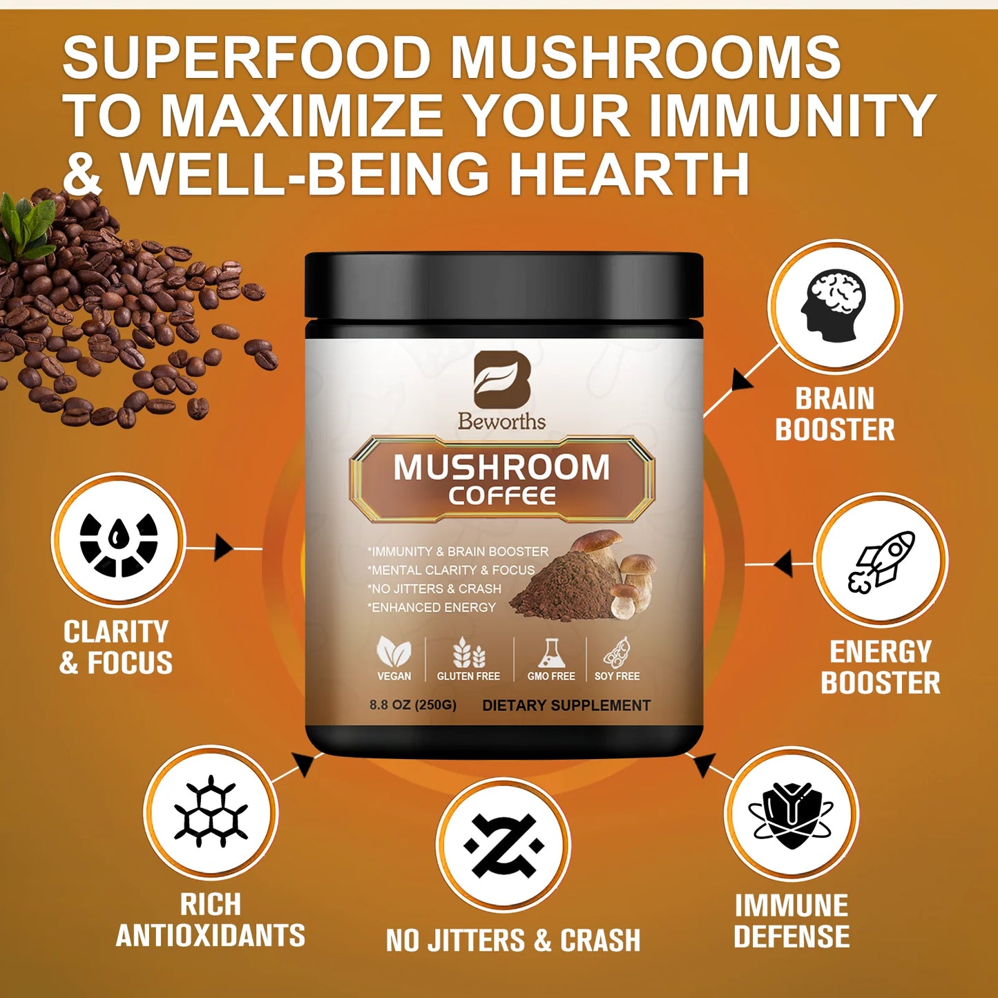Mushroom Coffee with 10 Mushroom Extract Blend – Lion's Mane, Cordyceps, Reishi, Turkey Tail, Chaga & Maitake for Energy, Focus & Immune Support