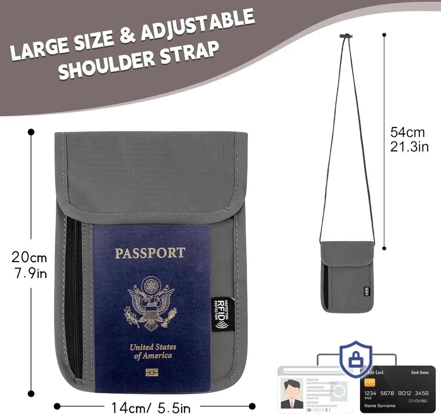Anti-Theft RFID Travel Neck Wallet, Passport Holder with Adjustable Neck Strap for Cash, Cards & Documents, Grey 5.5" x 7.9"