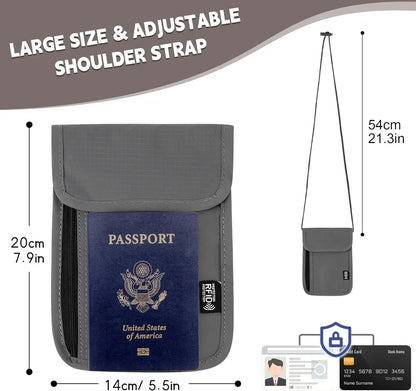Anti-Theft RFID Travel Neck Wallet, Passport Holder with Adjustable Neck Strap for Cash, Cards & Documents, Grey 5.5" x 7.9"