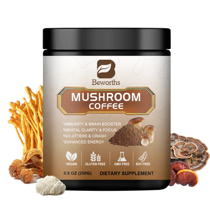 Mushroom Coffee with 10 Mushroom Extract Blend – Lion's Mane, Cordyceps, Reishi, Turkey Tail, Chaga & Maitake for Energy, Focus & Immune Support