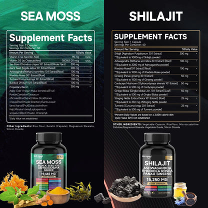 High Potency Sea Moss and Shilajit Bundle - 2000mg Formula with Ashwagandha, Turmeric, Bladderwrack, Burdock Root, Ginger & Vitamin C