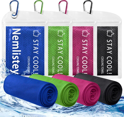 4 Pack Cooling Towels, Soft & Breathable for Neck/Face, Microfiber Gym Towels with Waterproof Bag & Carabiner