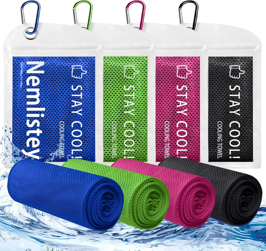 4 Pack Cooling Towels, Soft & Breathable for Neck/Face, Microfiber Gym Towels with Waterproof Bag & Carabiner