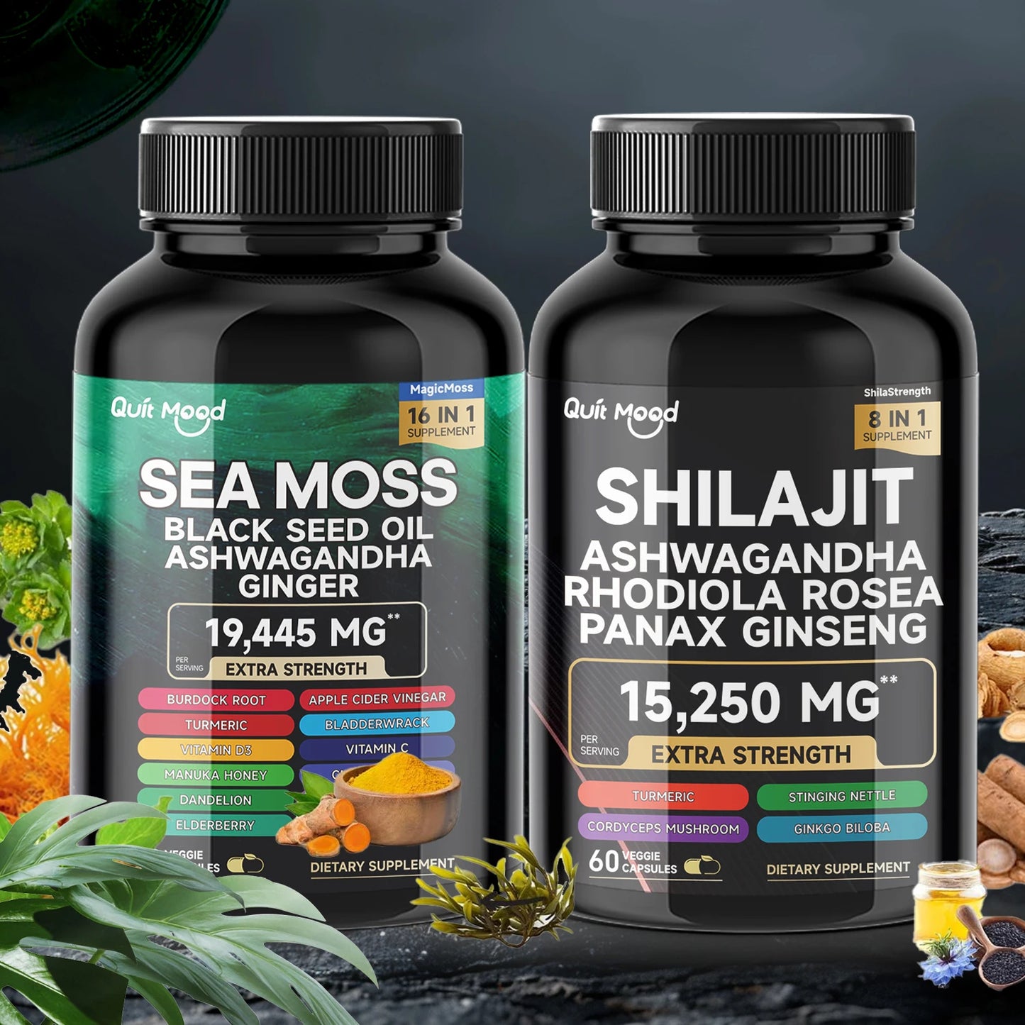 High Potency Sea Moss and Shilajit Bundle - 2000mg Formula with Ashwagandha, Turmeric, Bladderwrack, Burdock Root, Ginger & Vitamin C
