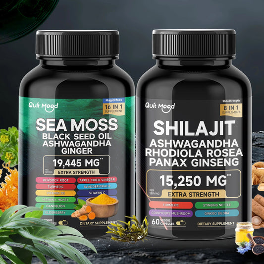 High Potency Sea Moss and Shilajit Bundle - 2000mg Formula with Ashwagandha, Turmeric, Bladderwrack, Burdock Root, Ginger & Vitamin C