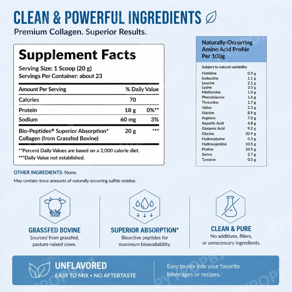 Hydrolyzed Collagen Peptides Powder Unflavored High Protein Supplement for Hair Skin Nails & Joint Support