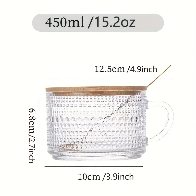 Vintage Glass Coffee Mugs Set of 4, 15.2 oz Glass Cups with Wooden Lids, Clear Latte and Cappuccino Cups for Iced Coffee, Tea, Cereal and Breakfast