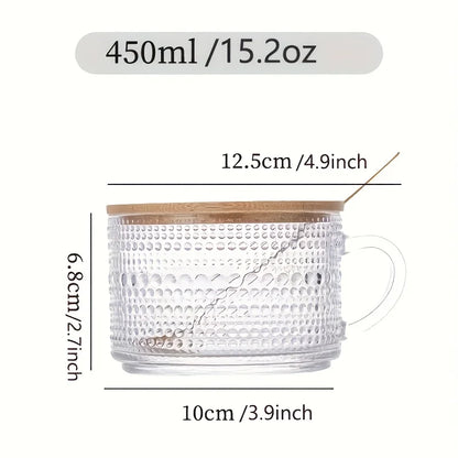 Vintage Glass Coffee Mugs Set of 4, 15.2 oz Glass Cups with Wooden Lids, Clear Latte and Cappuccino Cups for Iced Coffee, Tea, Cereal and Breakfast