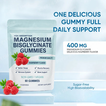 High Absorption Magnesium Bisglycinate Gummies – Vegan Raspberry Flavor, 60 Count, Supports Muscle & Bone Health, Non-GMO, Gluten Free
