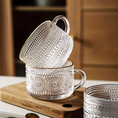 Vintage Glass Coffee Mugs Set of 4, 15.2 oz Glass Cups with Wooden Lids, Clear Latte and Cappuccino Cups for Iced Coffee, Tea, Cereal and Breakfast