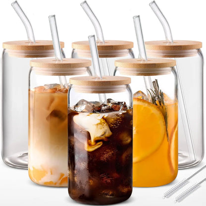 6PCS 18.6oz Glass Cups with Bamboo Lids & Glass Straws, Aesthetic Drinking Glass Set for Iced Coffee, Beer, Juice and Cocktail