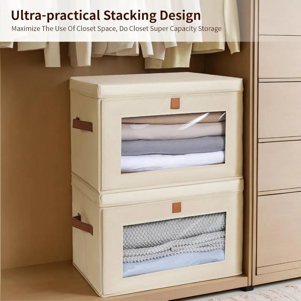 Large Beige Storage Organizer Bins, 2 Pack Collapsible Fabric Boxes with Lids, Clear Window and Reinforced Handles for Closet, Living Room, Bedroom & Dorm