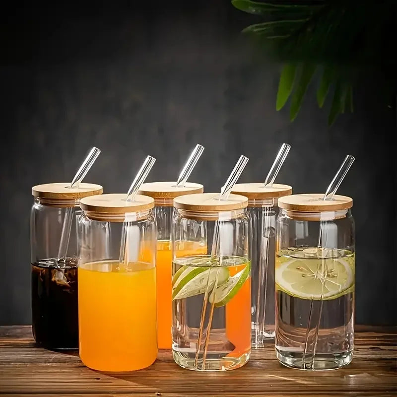 6PCS 18.6oz Glass Cups with Bamboo Lids & Glass Straws, Aesthetic Drinking Glass Set for Iced Coffee, Beer, Juice and Cocktail