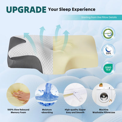JHK Ergonomic Cervical Neck Pillow Memory Foam Pillow with Cooling Pillowcase Cervical Contour Pillows