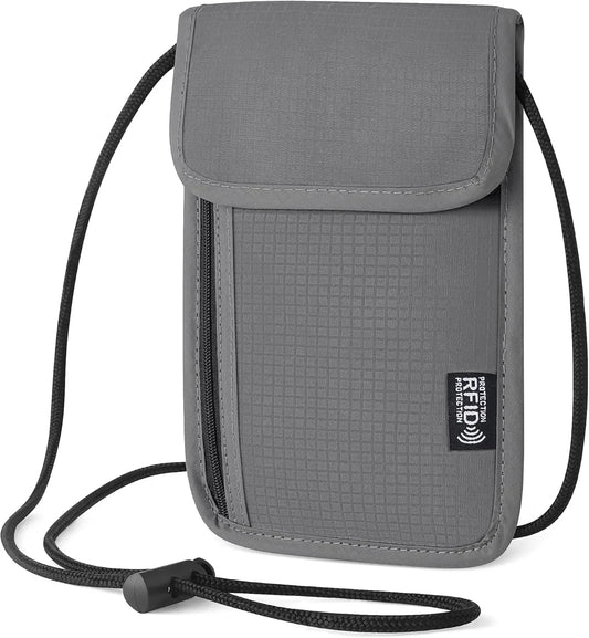 Anti-Theft RFID Travel Neck Wallet, Passport Holder with Adjustable Neck Strap for Cash, Cards & Documents, Grey 5.5" x 7.9"
