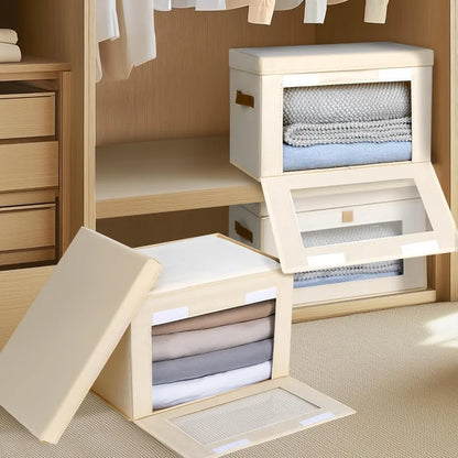 Large Beige Storage Organizer Bins, 2 Pack Collapsible Fabric Boxes with Lids, Clear Window and Reinforced Handles for Closet, Living Room, Bedroom & Dorm