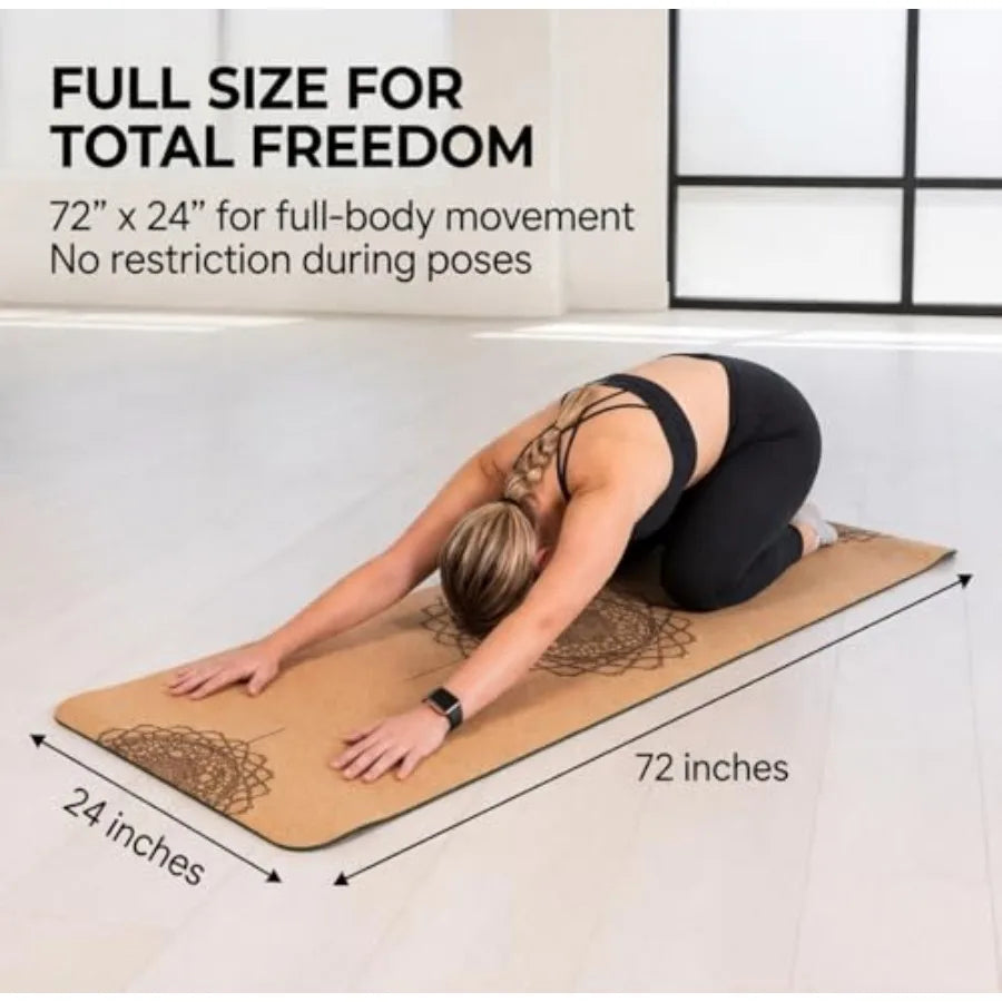 6mm Cork Yoga Mat with Carry Strap – Non-Slip Workout Mat, 72" x 24"