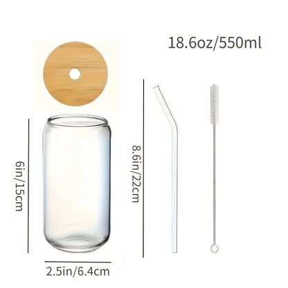 6PCS 18.6oz Glass Cups with Bamboo Lids & Glass Straws, Aesthetic Drinking Glass Set for Iced Coffee, Beer, Juice and Cocktail