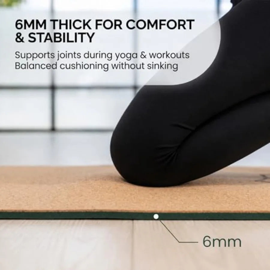 6mm Cork Yoga Mat with Carry Strap – Non-Slip Workout Mat, 72" x 24"