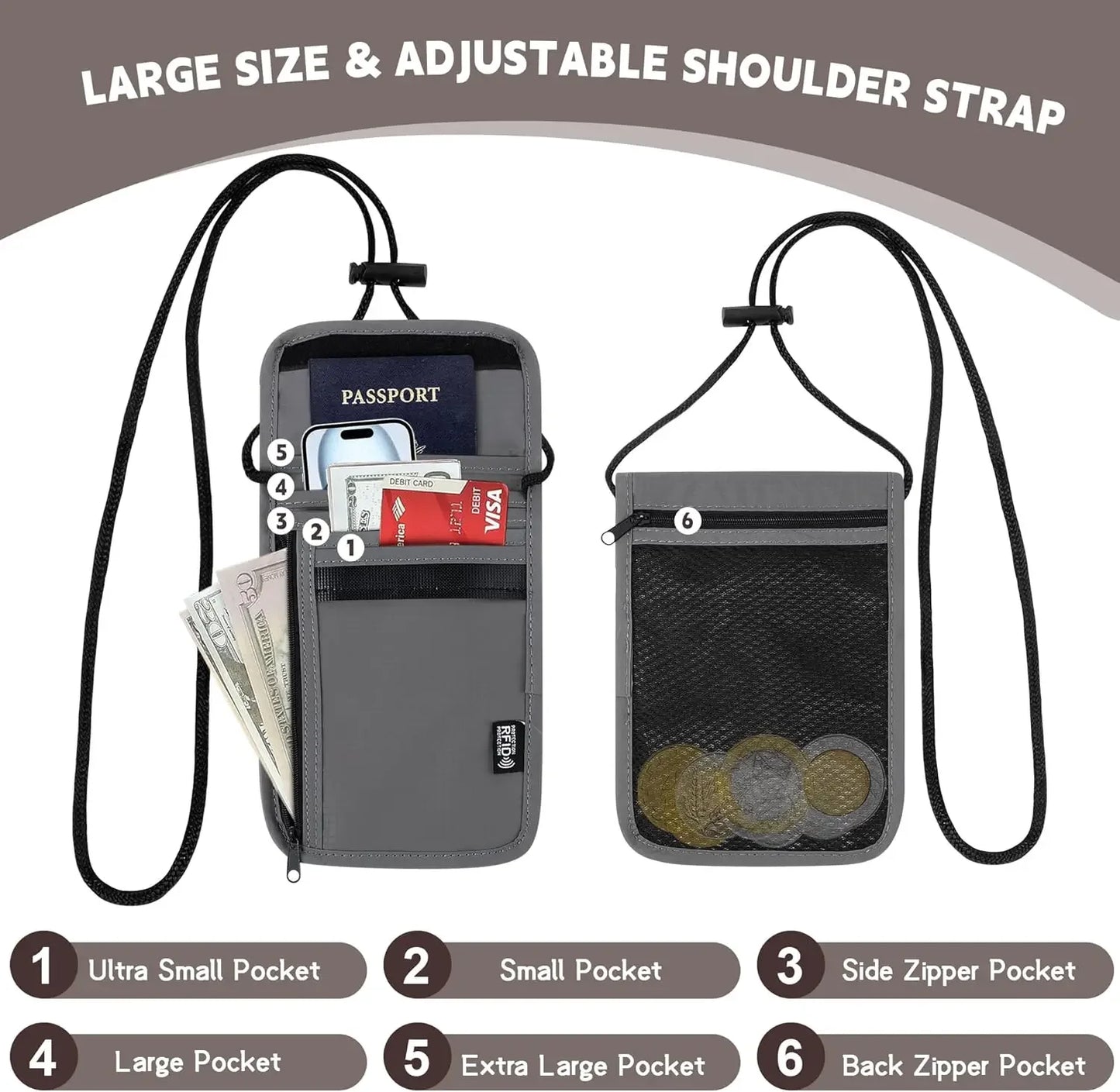 Anti-Theft RFID Travel Neck Wallet, Passport Holder with Adjustable Neck Strap for Cash, Cards & Documents, Grey 5.5" x 7.9"