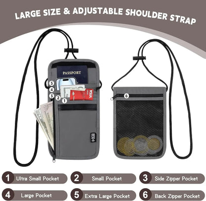 Anti-Theft RFID Travel Neck Wallet, Passport Holder with Adjustable Neck Strap for Cash, Cards & Documents, Grey 5.5" x 7.9"