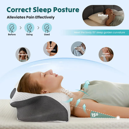JHK Ergonomic Cervical Neck Pillow Memory Foam Pillow with Cooling Pillowcase Cervical Contour Pillows
