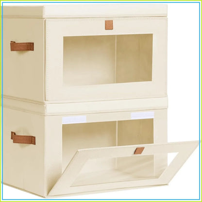 Large Beige Storage Organizer Bins, 2 Pack Collapsible Fabric Boxes with Lids, Clear Window and Reinforced Handles for Closet, Living Room, Bedroom & Dorm