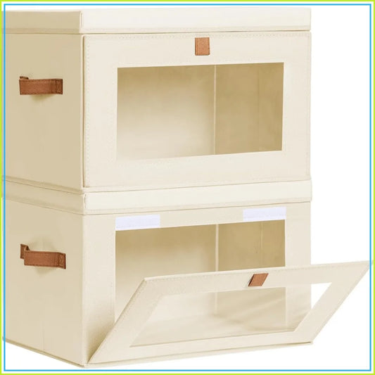 Large Beige Storage Organizer Bins, 2 Pack Collapsible Fabric Boxes with Lids, Clear Window and Reinforced Handles for Closet, Living Room, Bedroom & Dorm