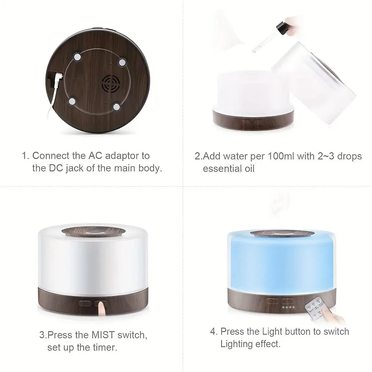 Wood Grain 500ml Essential Oil Diffuser Set with Remote, Cool Mist Humidifier, 7 LED Colors & 6 Essential Oils for Home and Office