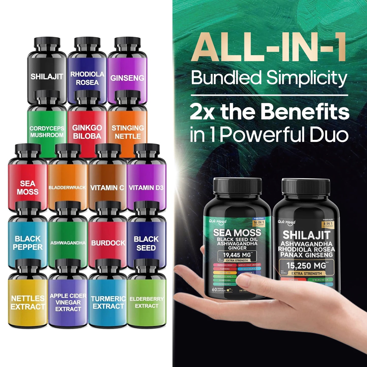High Potency Sea Moss and Shilajit Bundle - 2000mg Formula with Ashwagandha, Turmeric, Bladderwrack, Burdock Root, Ginger & Vitamin C