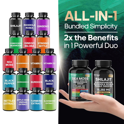 High Potency Sea Moss and Shilajit Bundle - 2000mg Formula with Ashwagandha, Turmeric, Bladderwrack, Burdock Root, Ginger & Vitamin C