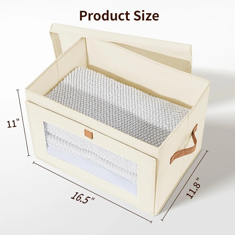 Large Beige Storage Organizer Bins, 2 Pack Collapsible Fabric Boxes with Lids, Clear Window and Reinforced Handles for Closet, Living Room, Bedroom & Dorm